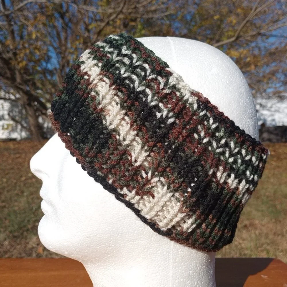 Men's Handmade Headband Circlet Bandeau Camo Black Brown Rib Knit USA Womens M/L - Picture 2 of 10